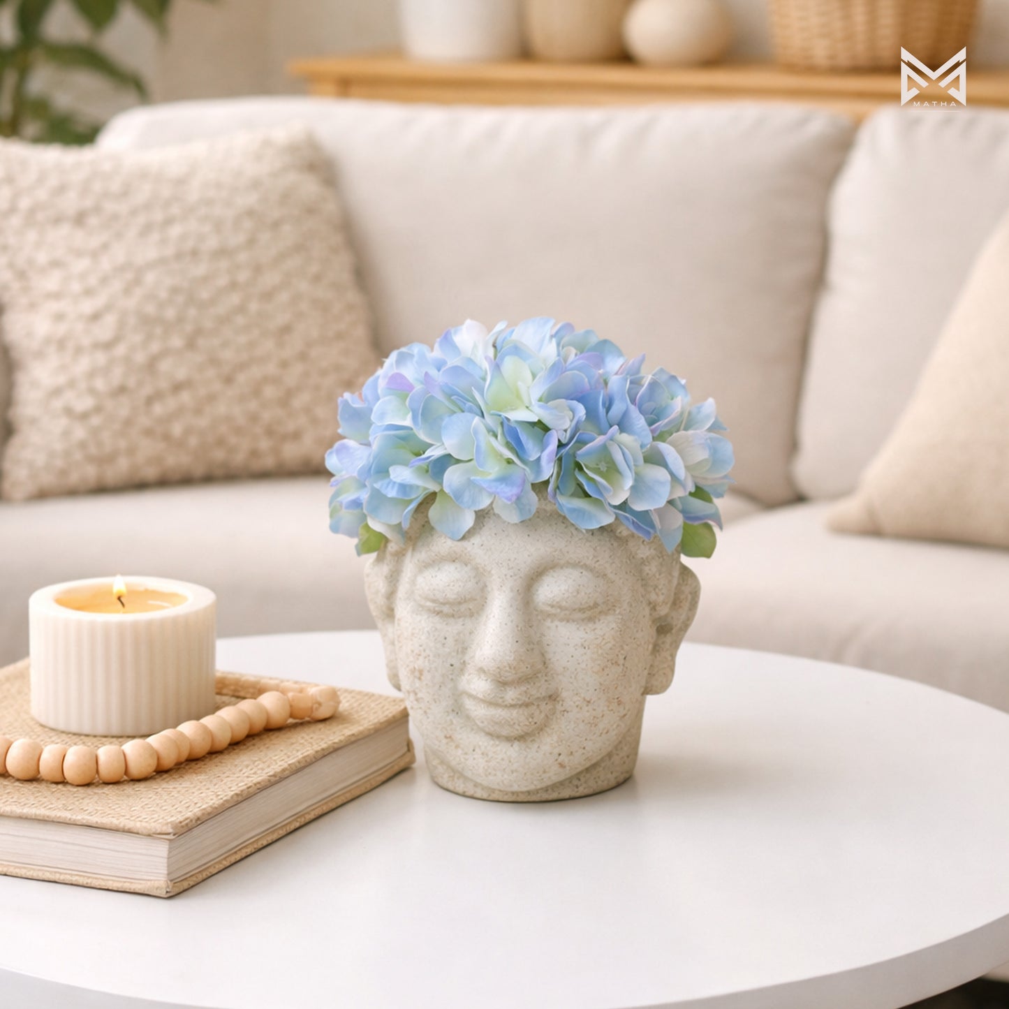 Budha Head Planter with Hydrangea Flower | 10 Inch